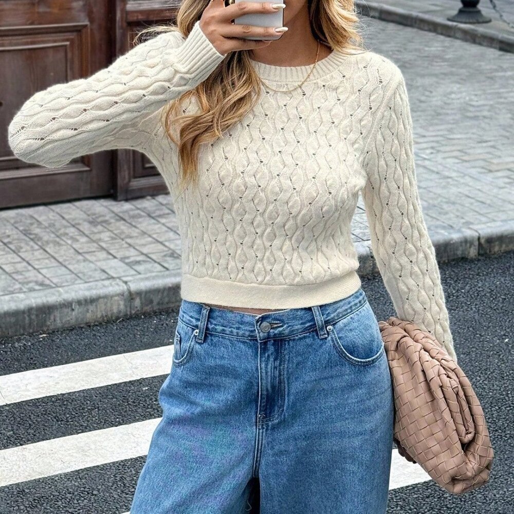 Apricot Casual Women's Elegant Sweater with Hollow Bowknot Tie Long Sleeve - Picture 5 of 7